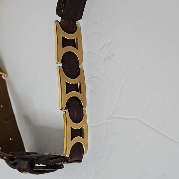 Italian Embossed Leather Belt size M Brown Brass accent hardware   Pre-owned - Picture 3 of 10